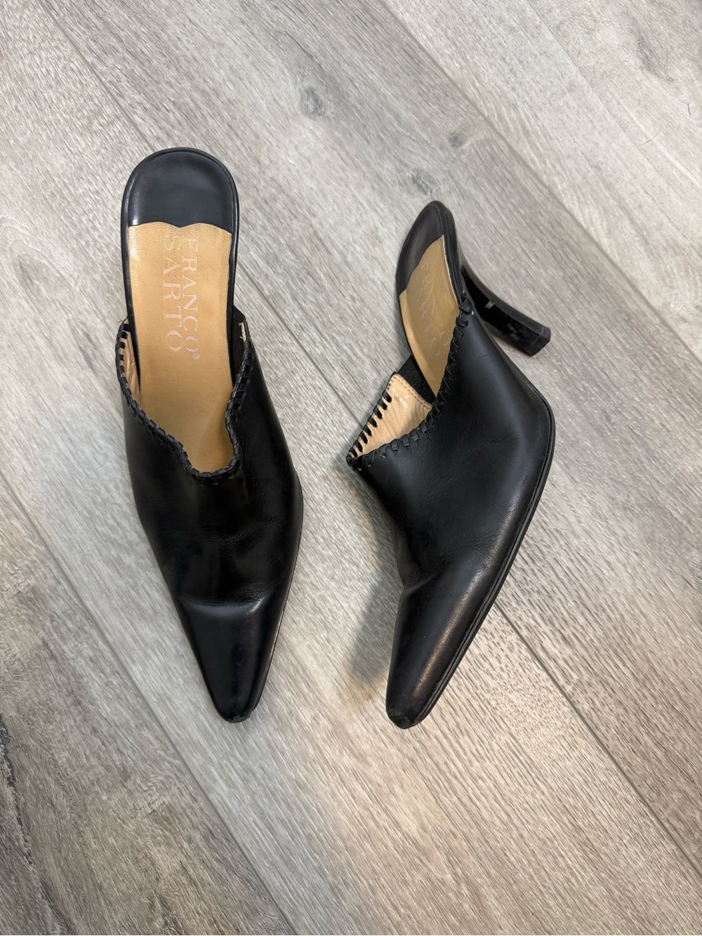 Franco Sarto Black Pointed Toe Leather Mules size 9.5